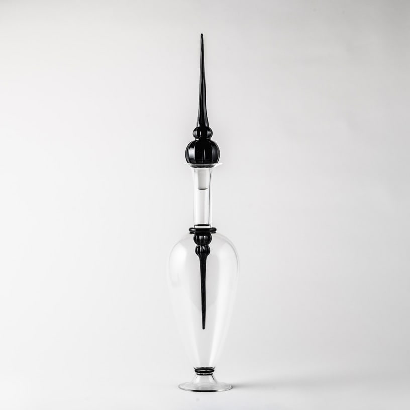 Zachary Layhew 'Self Reflection': At first glance, Self Reflection appears spare and elegant: a beautifully proportioned transparent vessel crowned by a dramatic black stopper. Look again and a second black form descends inside the