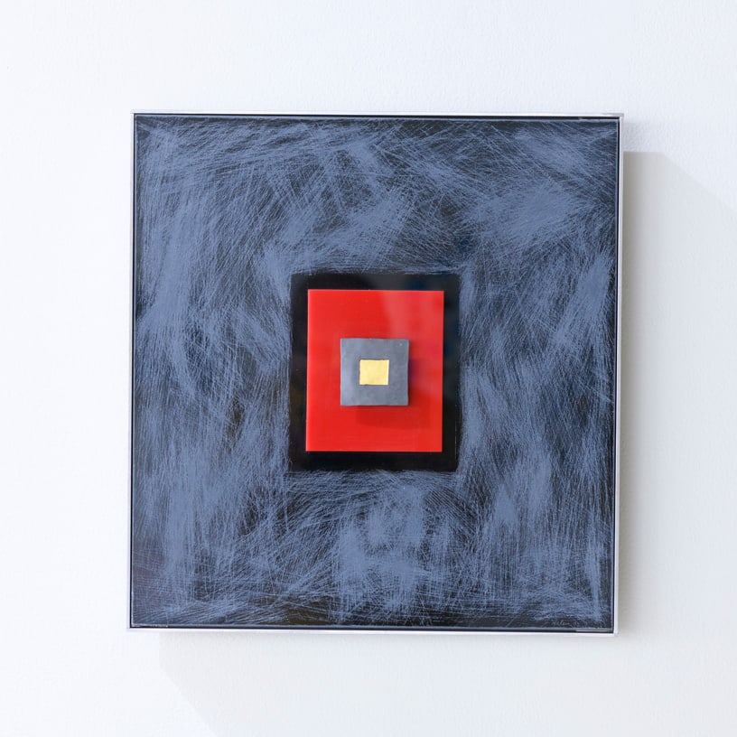 Henry Halem 'Gold Square': A tiny gold square glows at the center of Henry Halem's Gold Square, surrounded by successive fields of gray, brilliant red, black, and a vigorously scratched surface. The composition is deceptively