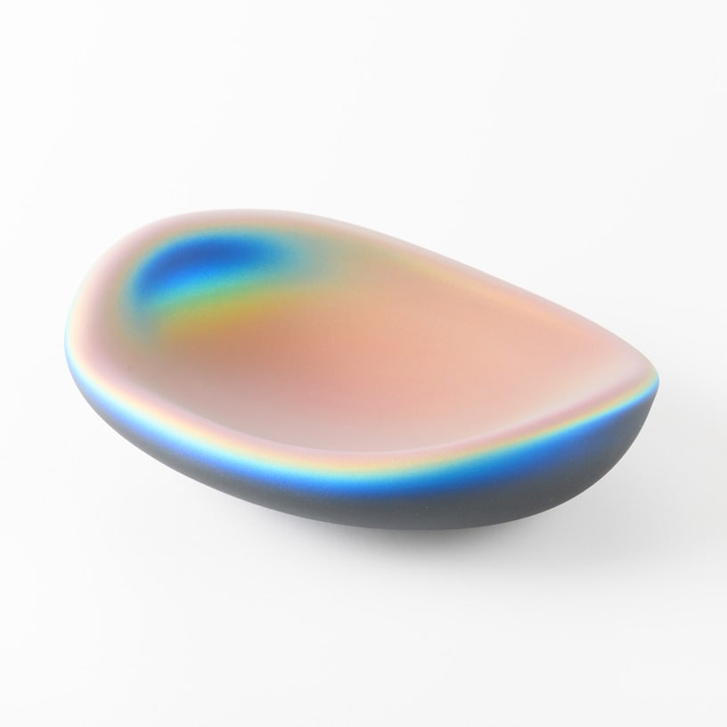 Katherine Gray 'Iridescent Bowl Entity 2411': What color is this bowl? The answer changes every time you move. Katherine Gray's Iridescent Bowl Entity 2411 shifts through rose, violet, blue, gold, and green as light travels across its velvety