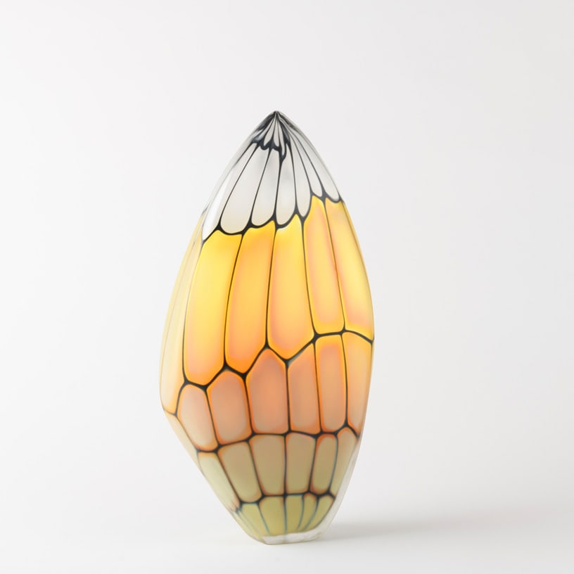 Hayden Wilson 'Murrine Form': Hayden Wilson's Murrine Form turns pattern into sculpture. Black blocks float within a dense network of fine gray lines and flashes of deep amber, while horizontal carving breaks the vessel's surface