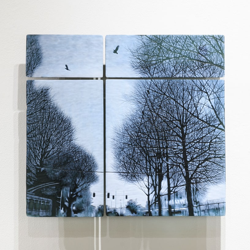 April Surgent 'The Valley': From across the room, The Valley could be mistaken for a haunting black-and-white photograph: winter trees frame an open sky, traffic lights hover near the horizon, and two birds cross overhead. Move 