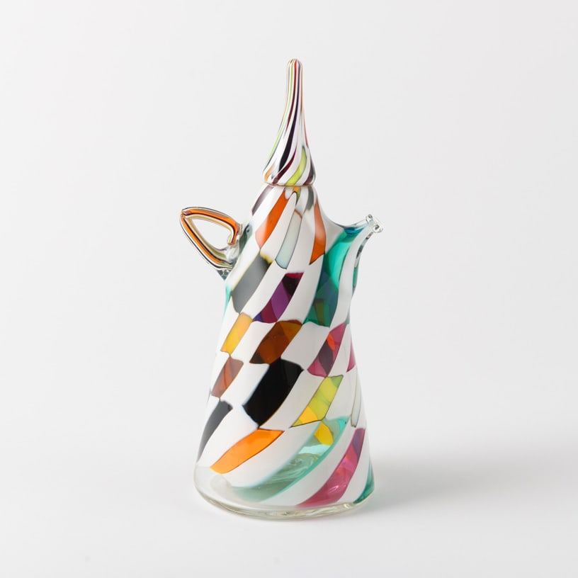 Dick Marquis 'Patchwork Coffeepot': Richard "Dick" Marquis transforms an everyday domestic form into a riot of white ribbons and jewel-toned fragments -- turquoise, orange, purple, ruby, green, and black -- then tops it with an improbab