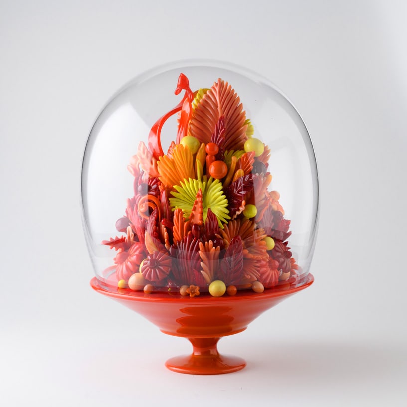 Amber Cowan 'Fall Fire in Rouge Flamb? and Mandarin': Amber Cowan gives forgotten American glass a spectacular second life. Under a clear glass dome, Fall Fire in Rouge Flambe and Mandarin erupts into a dense fantasy landscape of fiery red, orange,