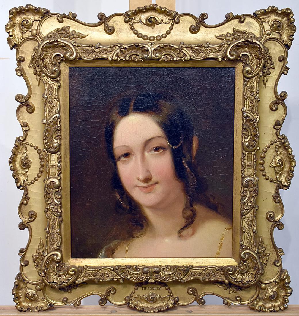 Thomas Sully Oil/Canvas, Portrait of A Young Lady: Thomas Sully (American, 1738-1872). Oil on canvas portrait of a young woman. Initialed and dated 1839 on back of canvas. Gilt framed. 14-3/4 x 12-3/4 in. Provenance: Sothebys, New York, 1992.