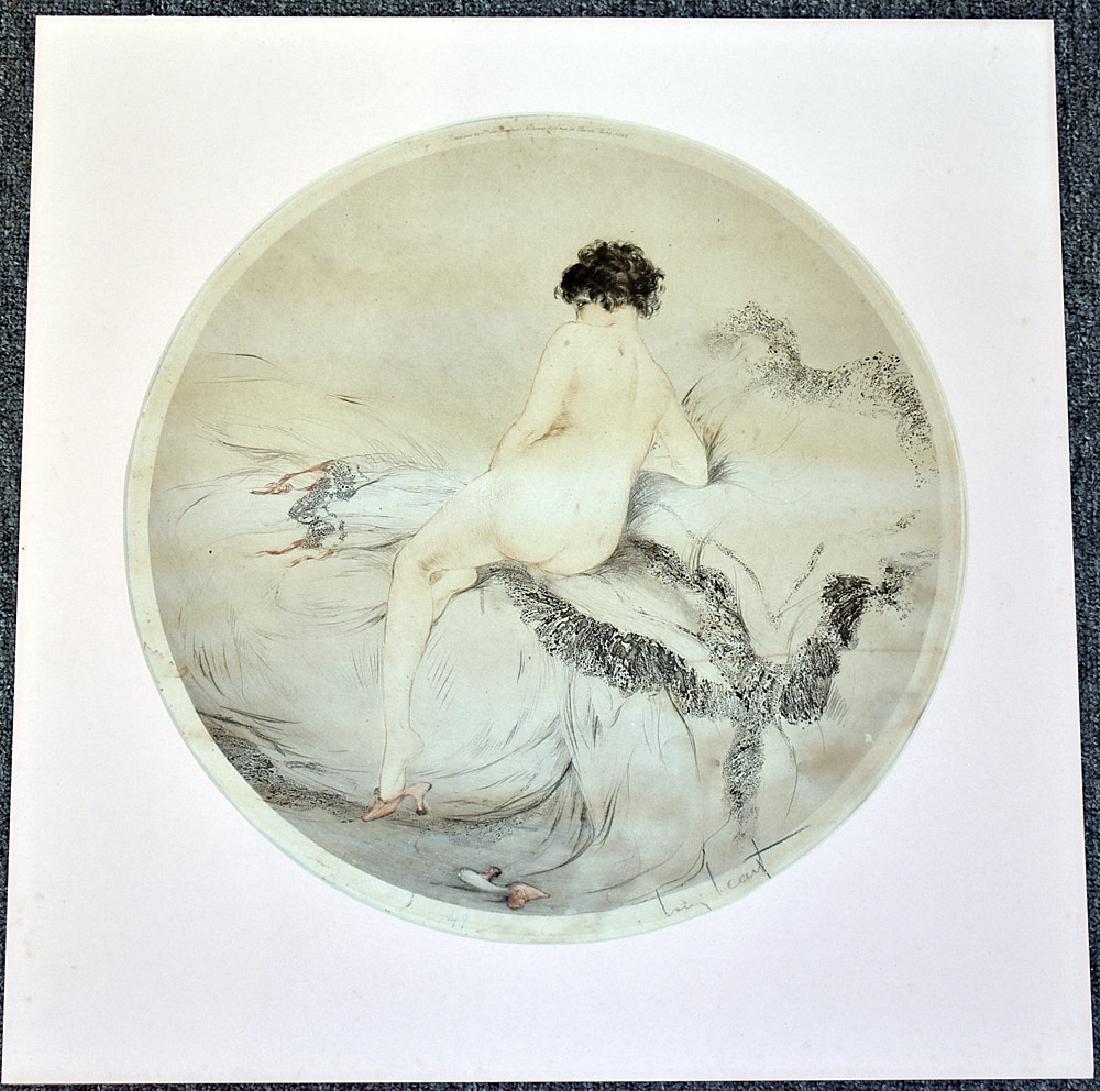 Louis Icart Etching of Nude: Louis Icart (French 1888-1950). Etching of a nude woman. Signed in pencil lower right. Unframed. Mat opening: 16 in diameter.