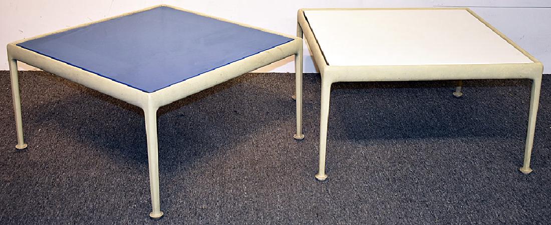 Two Richard Schultz/Knoll Patio Tables: A pair of Richard Schultz for Knoll patio tables, each with enameled tops; one white, one blue. Paper labels on undersides. 15-1/4 in tall x 28 in x 28 in. Provenance: From the collection of Paul Shau