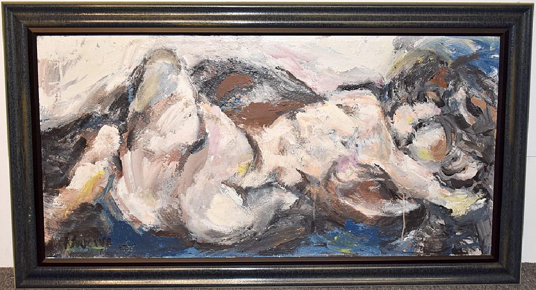 Joe Kardone Oil on Canvas, Abstract Nude: Joe Kardone (New Jersey, 1911-2005). An oil on canvas abstract reclining nude figure. Signed lower left and dated. Verso marked "1997 J. Kardone, Ocean City, NJ". 24 in x 48 in.