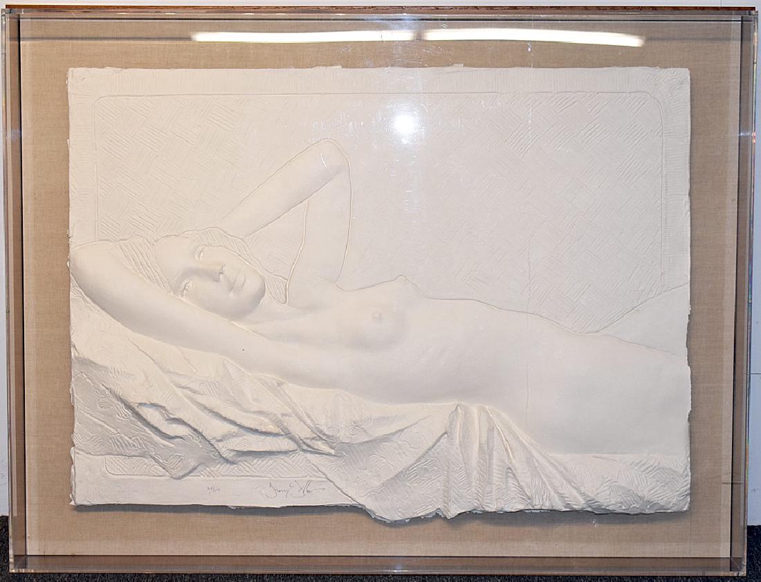 Frank Gallo Cast Paper, Reclining Nude: Frank Gallo (American, 20th Century). A cast paper relief sculpture of a reclining nude, signed in pencil and numbered 24/200. Mounted on linen and in a deep Lucite frame. Sight: 32 in x 44 in.