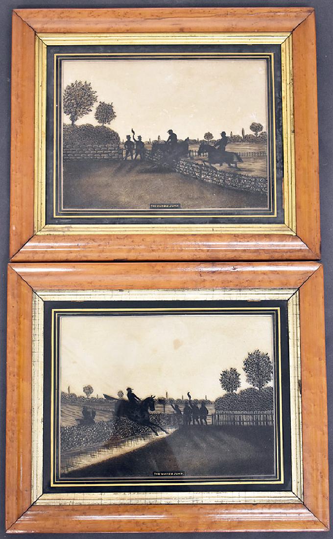 Pr. Painted-glass Steeplechase-scene Silhouettes: A pair of painted silhouettes on glass steeplechase scenes with black and gold mats titled "The Water Jump" and the "The Hurdle Jump". Both in period maple frames. Frame openings: 10 in x 12-3/4 in. P