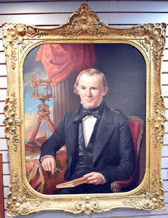 John F. Francis Oil/Canvas, Portrait of Gentleman: John F. Francis (American, 1808-1866). An oil on canvas portrait of a gentleman with surveying tools. Signed lower left and dated 1859. In an ornate gilt and gesso frame. 29 in x 36 in.