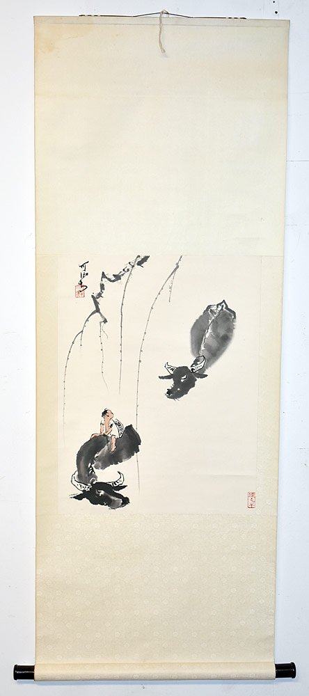 Chinese Scroll with Watercolor of Bulls (1 of 4)