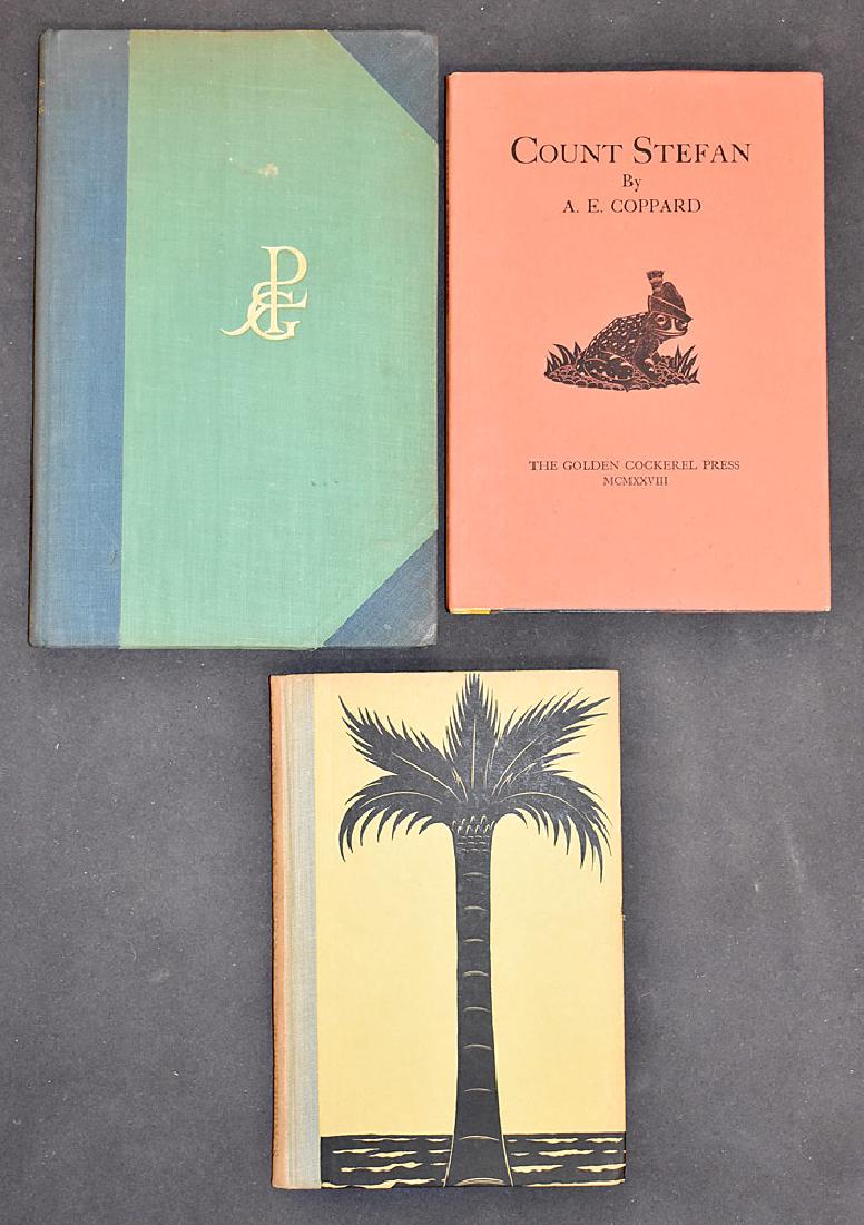 Three Books Engraved by Robert Gibbings: A grouping of three books with engravings by Robert Gibbings, to include "Count Steffan" by A.E. Coppard, The Golden Cockerel Press, 1928; "A True Tale of Love in Tonga", Faber and Faber Limited, Lond