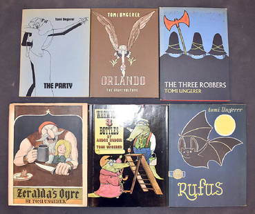 Six Tomi Ungerer Books: A grouping of six books by Tomi Ungerer, to include "The Party", Paragraphic Books, 1966; "The Three Robbers", Atheneum, 1962; "Orlando, The Brave Vulture", Harper and Row, 1966; "Rufus", Harper and R