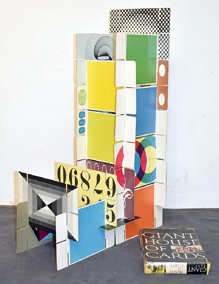 Charles Eames Giant House of Cards: A Charles Eames "Giant House of Cards" with 20 printed card stock cards and box. Tigrett Enterprises, 1953. 11-1/2 in x 7-1/2 in wide.