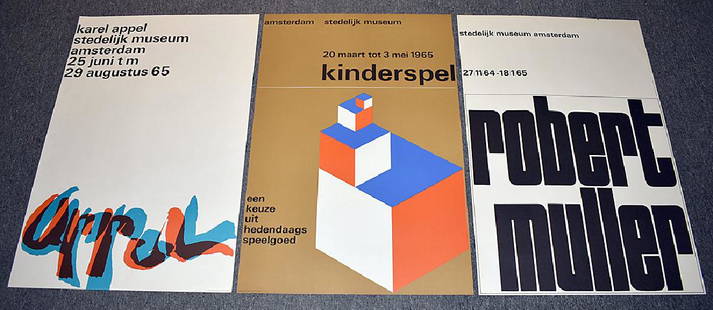 Three Stedelijk Museum Exhibition Posters: A grouping of three Stedelijk Museum exhibition posters for Karel Appel, Kinderspel, and Robert Muller. 1965; designed by Willem Crouwel. 37-1/2 in x 25 in.