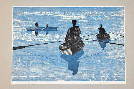 Paul Shaub Woodblock Print, Boatman: Paul Shaub (American, 20th Century). A woodblock print titled "Boatman". Signed and titled in pencil. Unframed. Mat opening: 12 in x 17-1/4 in.