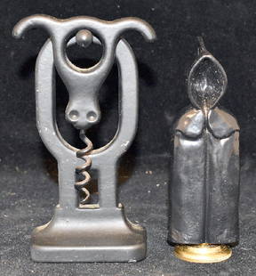 Two Corkscrews: Cow, Grim Reaper: A grouping of two figural corkscrews to include a cow-form cast iron corkscrew with stand by Robert Welch, Victor; and a "Grim Reaper-form corkscrew commemorative from the ICCA conference in Portugal,