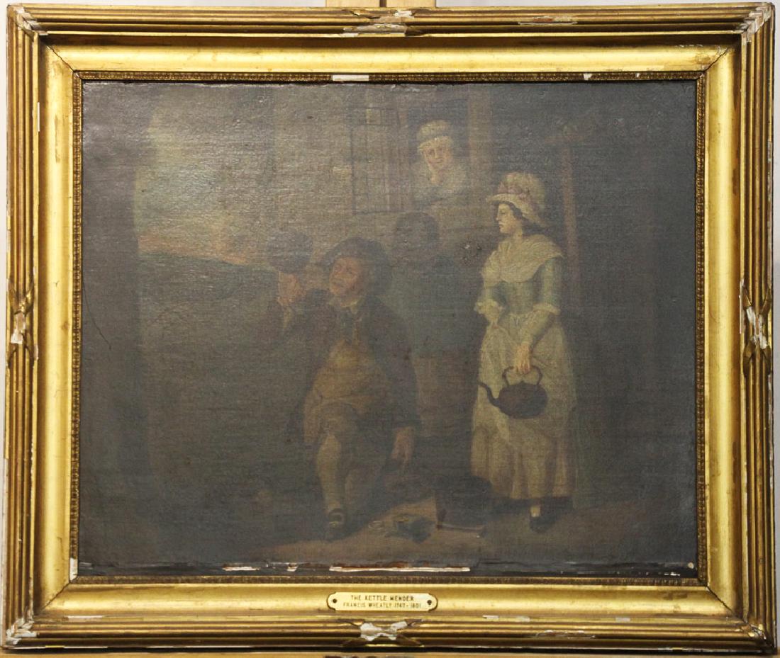 Attrib. Francis Wheatley Oil/Canvas, Kettle Mender: Francis Wheatley (English, 1747-1801). An attributed oil on canvas genre scene titled "The Kettle Mender". Appears to be unsigned. 14-3/4 in x 19 in.
