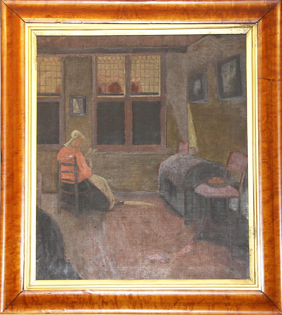 American School Oil on Canvas, Interior Scene (1 of 3)