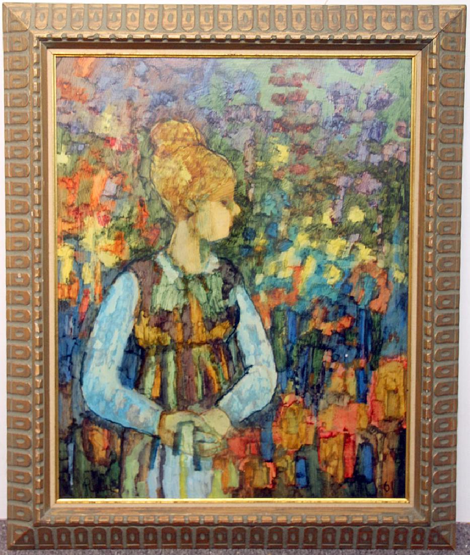 Donald Purdy Oil on Masonite, Portrait: Donald Purdy (American, 1924-). An oil on masonite panel colorful portrait of a woman. Signed lower left and dated '61 lower right. 30 in x 23-1/2 in.