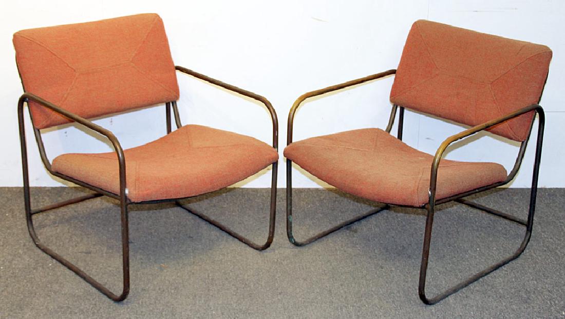 Two Kipp Stewart Tubular Patio Chairs: A pair of Kipp Stewart for Terra Furniture copper tubular patio chairs, with upholstery tags. 29 in tall x 23-1/4 in wide x 25 in deep.