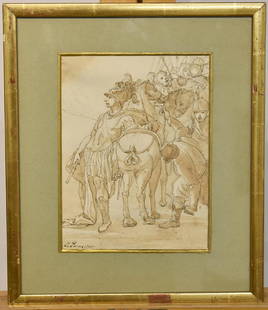 Attrb. Jean Baptiste Le Prince Ink/Wash on Paper: Attrb. Jean Baptiste le Prince (French, 1734-1781). An ink and wash on paper depicting a Renaissance genre scene with soldier. Possibly a copy from the Hermitage. Signed lower left Le Prince and dated