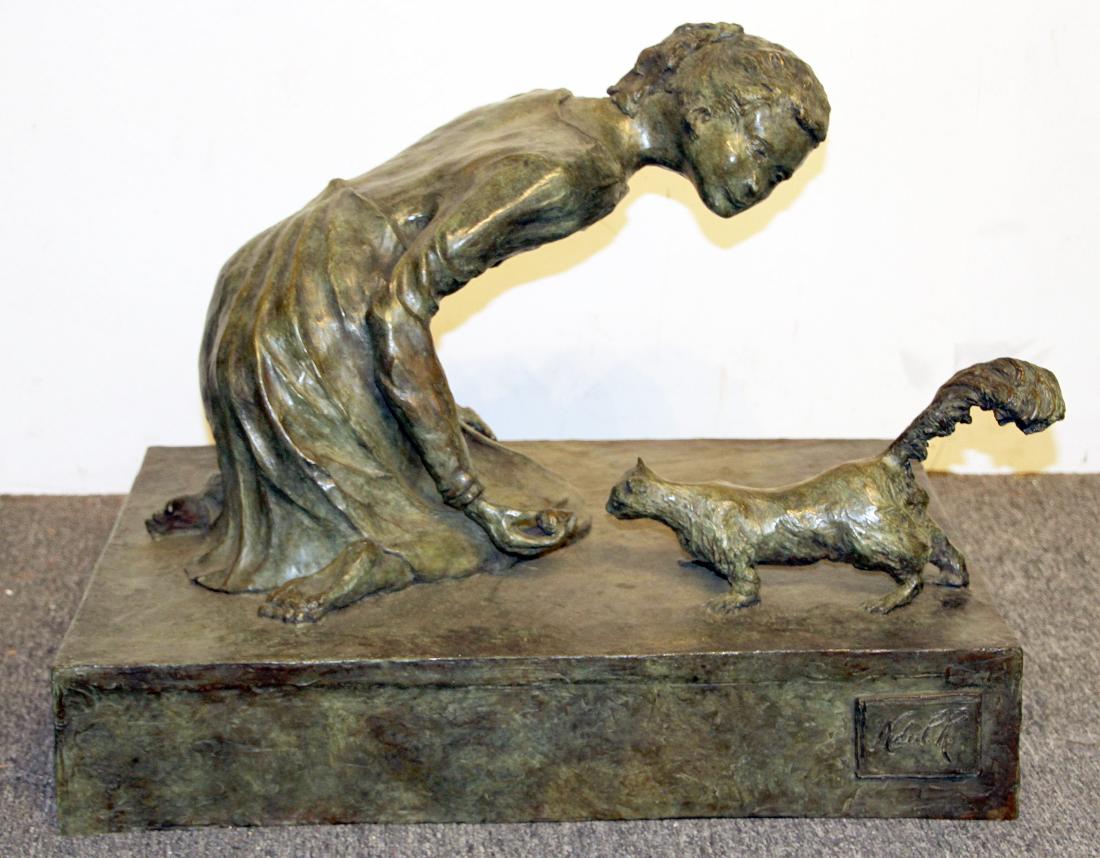 Nancy du Pont Reynolds Cooch, Bronze Sculpture: Nancy du Pont Reynolds Cooch (American, 1919-2015). A cast bronze sculpture of a girl feeding an acorn to a squirrel, mounted on a rectangular base. Cast signature on base. Tallix foundry mark. 18H x 