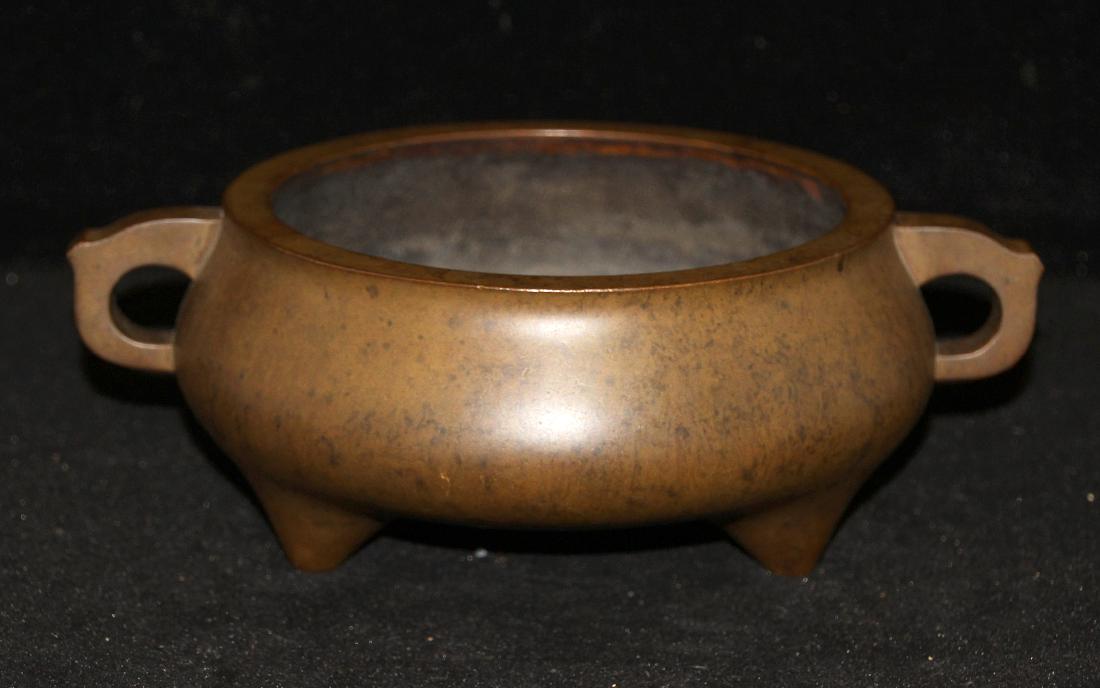 Chinese Bronze Censer with Impressed Mark: A Chinese bronze censer with impressed mark on base. 3-1/2H x 10W.
