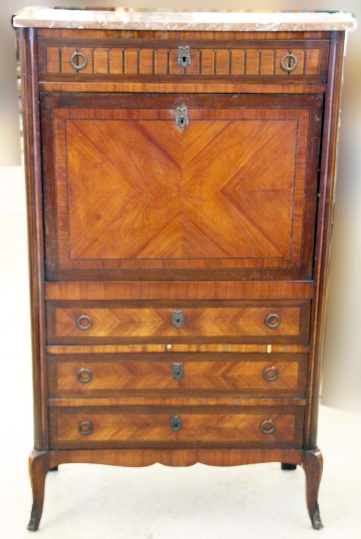 Louis XV-style Marble-top Abattant: A Louis XV-style abattant desk with a marble top over a conforming parquetry-inlaid case with fall-front revealing a fitted interior. Raised on cabriole legs with ormolu mounts. 58H x 34W x 15D in.