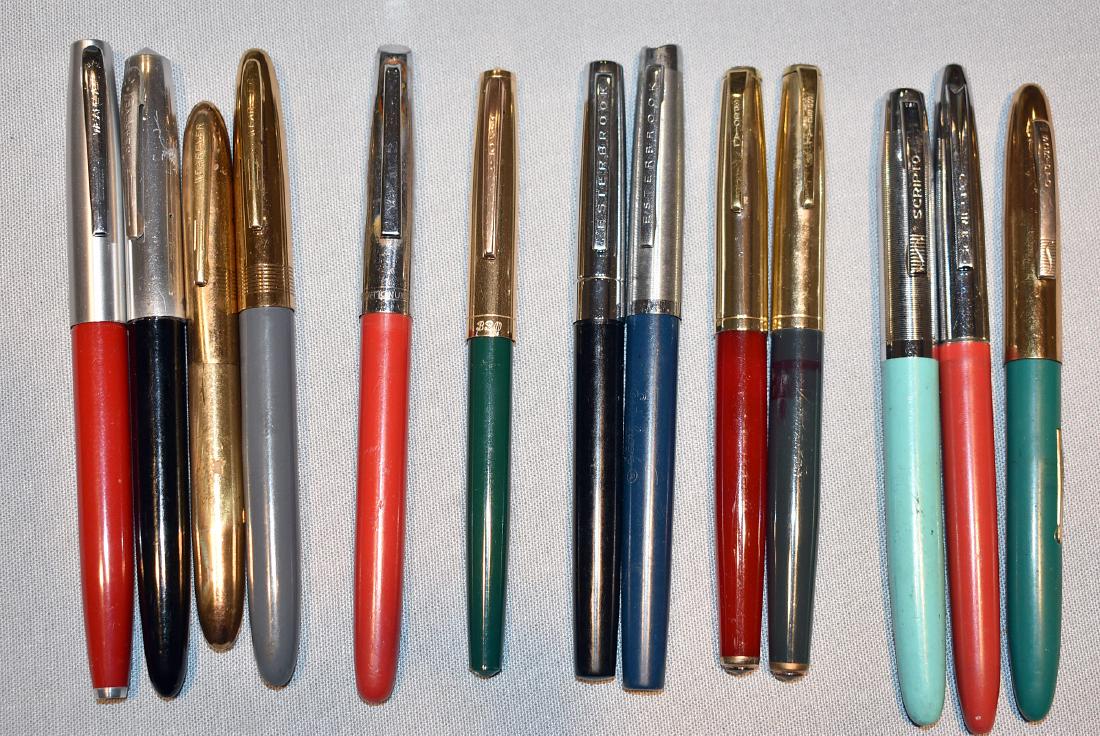12 Vintage Fountain Pens, 1 Ballpoint: Lot to include: Four Wearever: two cartridge fill (no cartridges); squeeze fill; lever fill. Various nibs. Platignum cartridge fill (no cartridge), unmarked gold-tone nib. Sakota "330" Ballpoint Pen. 
