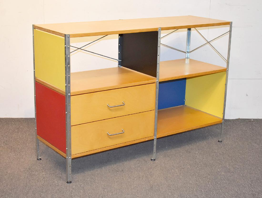 Modern Woodworks 220 Storage Unit: A Modern Woodworks 220 storage unit in the style of Charles and Ray Eames ESU, with birch plywood, enameled masonite, and zinc-plated steel, with a two drawer base. Late 20th Century. 32 in tall x 47 
