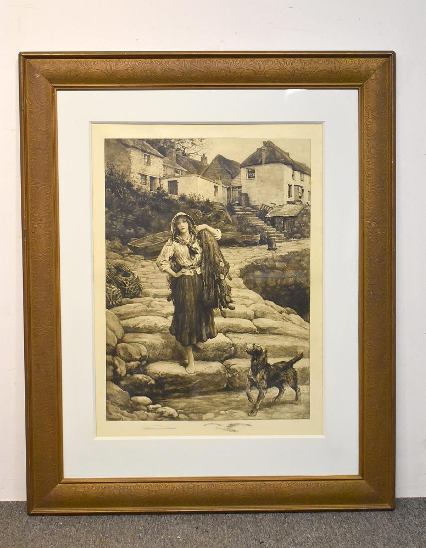 Herbert Thomas Dicksee Etching, Going Fishing: Herbert Thomas Dicksee. An etching titled "Going Fishing". Signed lower left, with remarque of a gull. Framed under glass. Mat opening: 26 in x 19 in.