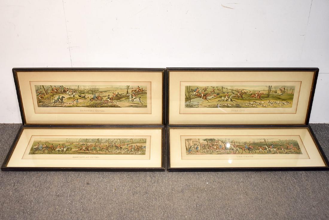 Four Hunt Scenes by Henry Alken, Thos Sutherland: A grouping of four framed hand-colored aquatint and etchings depicting hunt scenes by Thomas Sutherland and Henry Alken. Titled "Meeting at Cover", "Breaking Cover", "Full Cry", and "The Death". Mat o