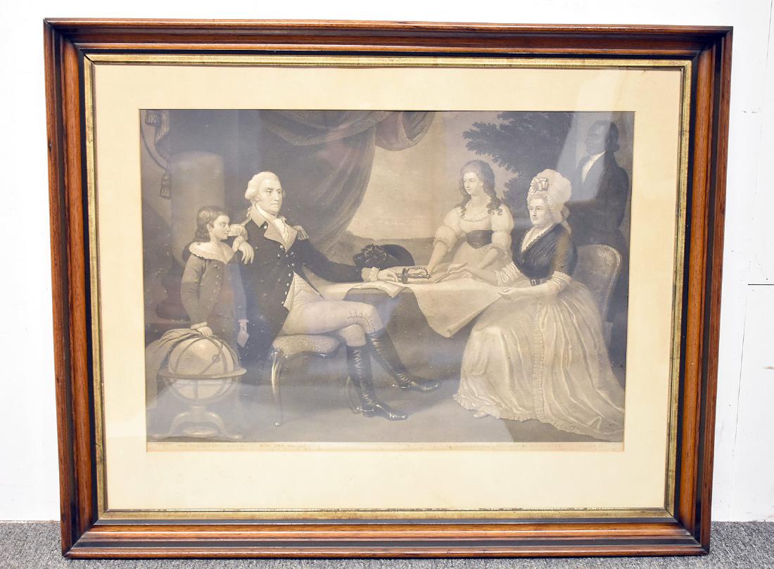 After Edward Savage. Engraving. Geo. Washington: After Edward Savage (American, 1761-1817). An engraving depicting George Washington and his family. Published by William Smith, Philadelphia. Framed under glass. Mat opening: 16-1/2in x 23-1/4in.