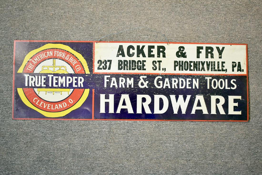 True Temper/Acker & Fry Hardware Store Tin Sign: A tin True Temper/Acker & Fry (Phoenixville, PA) Hardware Store advertising sign. 13-1/4in x 39-1/2in.