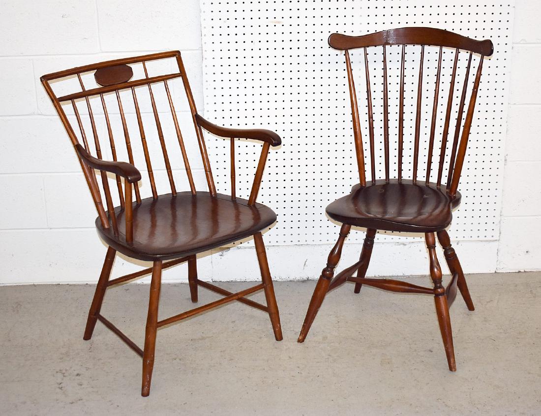 Two Windsor Chairs: A grouping of two Windsor chairs to include a 19th C. birdcage armchair and side chair. Armchair: 33in tall x 21-1/2in wide x 18in deep.