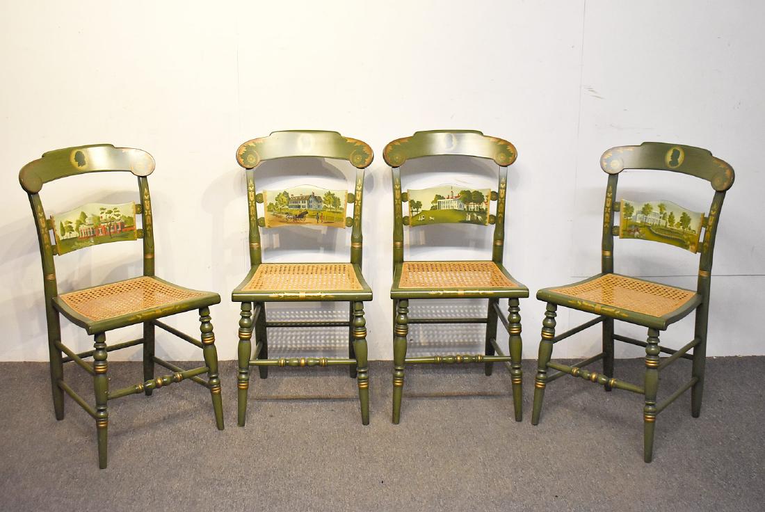 Four Hitchcock Stenciled Side Chairs: A set of four Hitchcock 1976 limited edition stenciled side chairs with caned seats to include Andrew Jackson's Hermitge, Thomas Jefferson's Monticello, George Washington's Mt. Vernon, and The Adams'