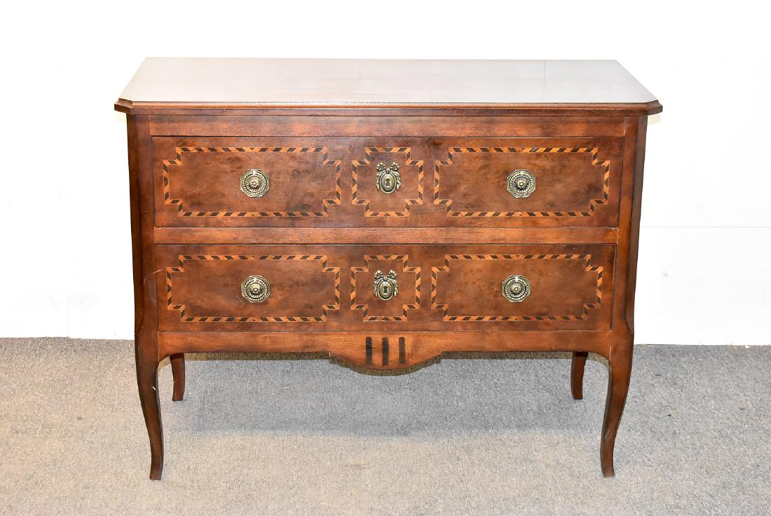 Henredon Inlaid Two-drawer Commode: A Henredon French-style inlaid mahogany two-drawer commode on cabriole legs. 32in tall x 42in wide x 19in deep.