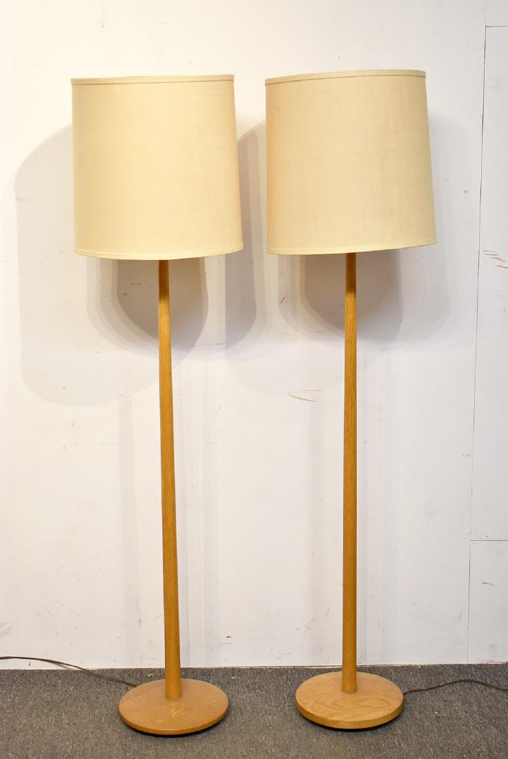 Pair of Attrb. Kovacs Oak Floor Lamps: A pair of attrb. George Kovacs modernist oak floor lamps. Unmarked. 55-1/2in tall.