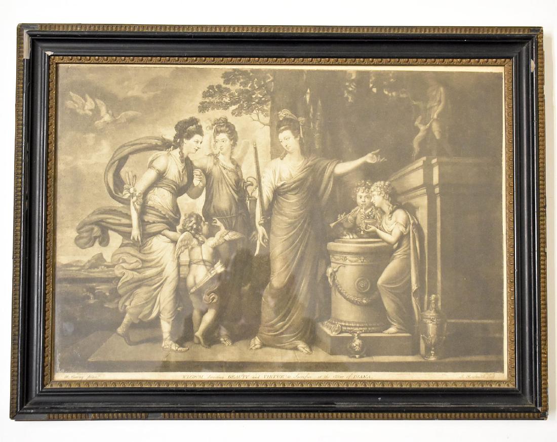 After Richard Cosway. Engraving, Classical Scene: A John Raphael Smith engraving after Richard Cosway, titled "Wisdom Directing Beauty and Virtue to Sacrifice at the Altar of Diana". Framed under glass, with family history plaque and information on t