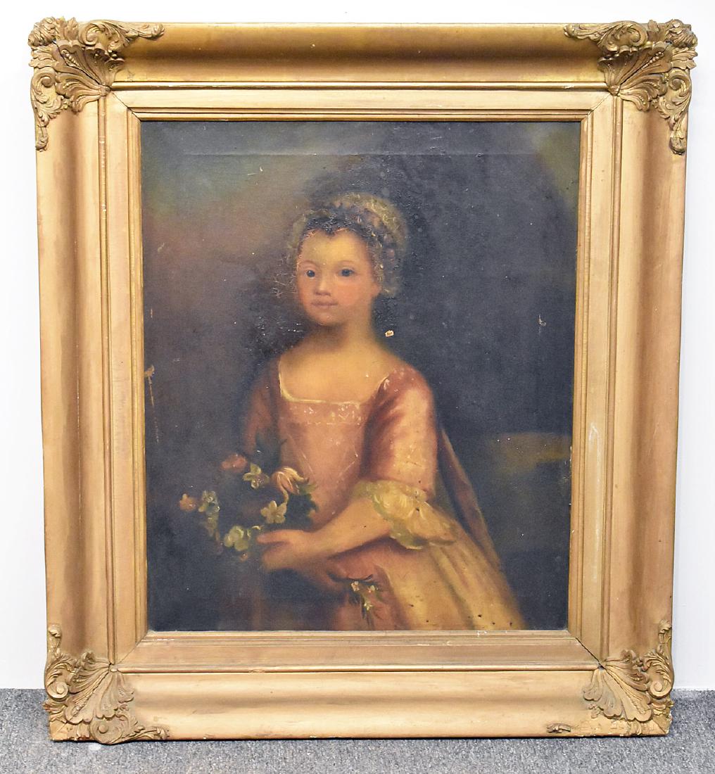 19th C. Oil/Canvas, Portrait of Girl with Flowers (1 of 4)