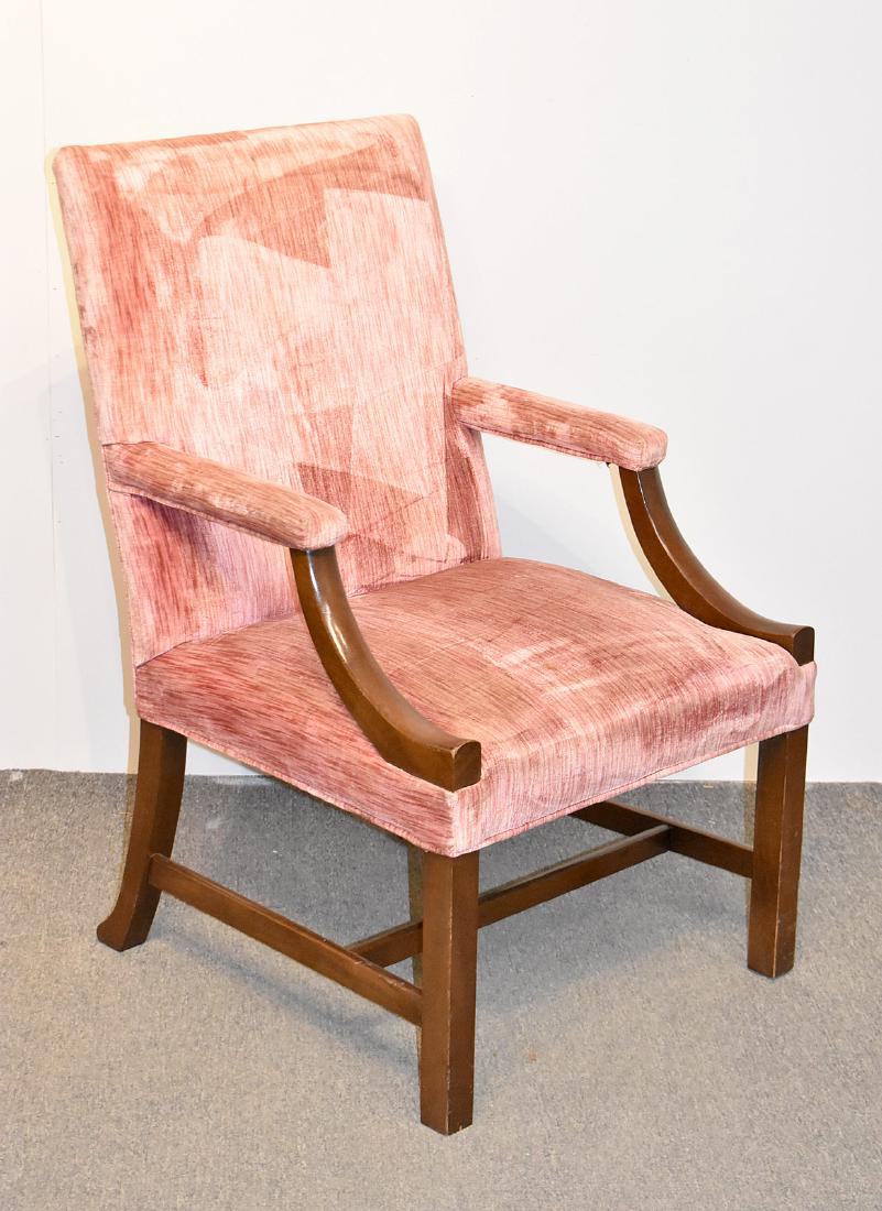 Kittinger Wmsbg. Adaptation Library Armchair: A Kittinger Williamsburg Adaptation library chair with crushed velvet upholstery and square mahogany legs. Branded mark. 39in tall x 23-1/2in wide x 26in deep.