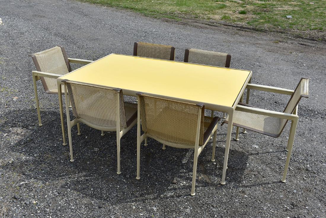 Richard Schultz for Knoll Patio Dining Set: A Richard Schultz for Knoll patio dining table with yellow porcelain top, together with six chairs (two armchairs, four side chairs). Unmarked. Table: 26 in tall x 60 in wide x 38 in deep. Armchairs: