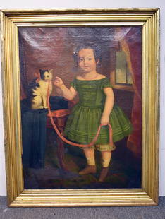 American Primitive Folk Art Portrait: An American primitive folk art portrait of a young girl with cat. Unsigned. 40-1/2in x 29-3/4in. Provenance: From the estate of Kurt Stein, Pennsylvania.