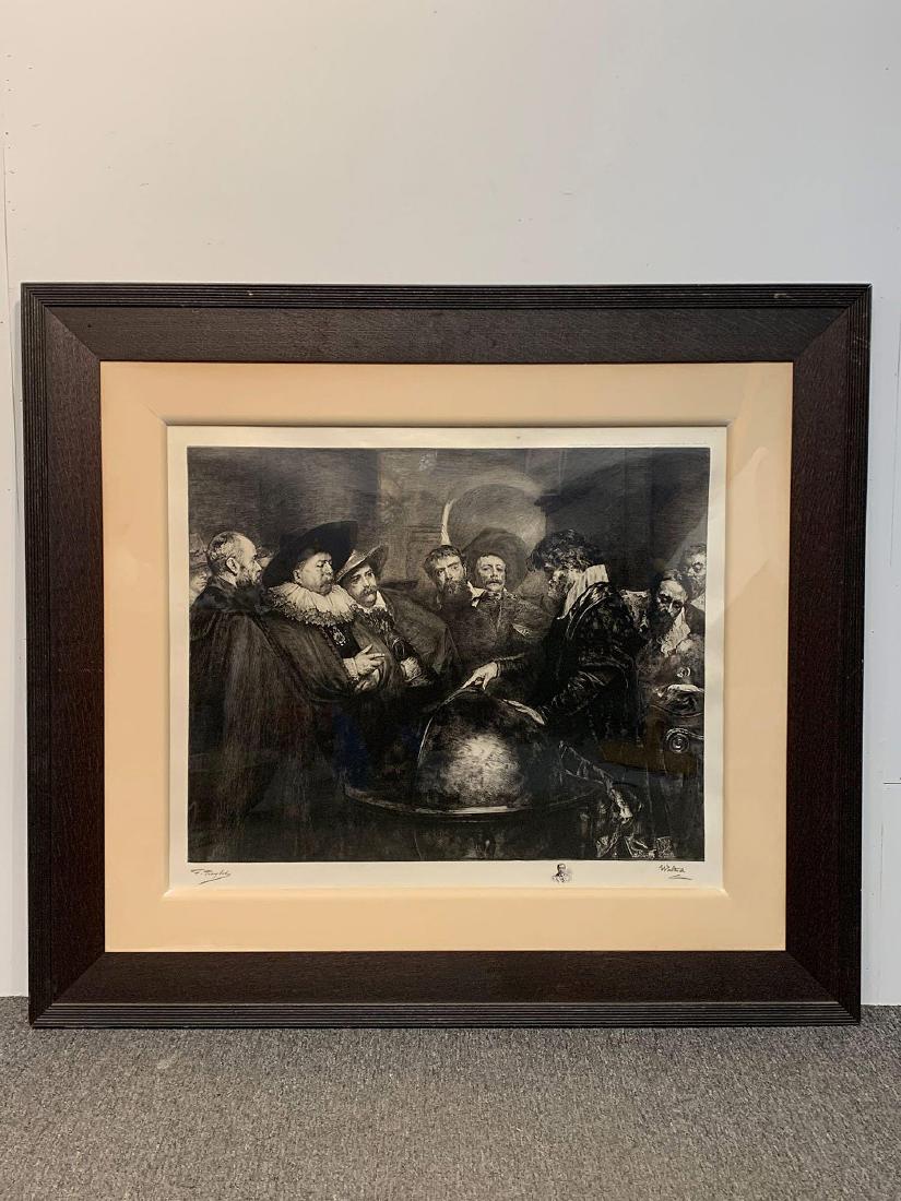 Ferdinand Roybet. Engraving, The Astronomer: Ferdinand Roybet (French, 1840-1920). A framed engraving titled "The Astronomer" depicting an astronomer and a celestial globe with onlookers. Signed by Roybet and Waltner, and with remark portrait of