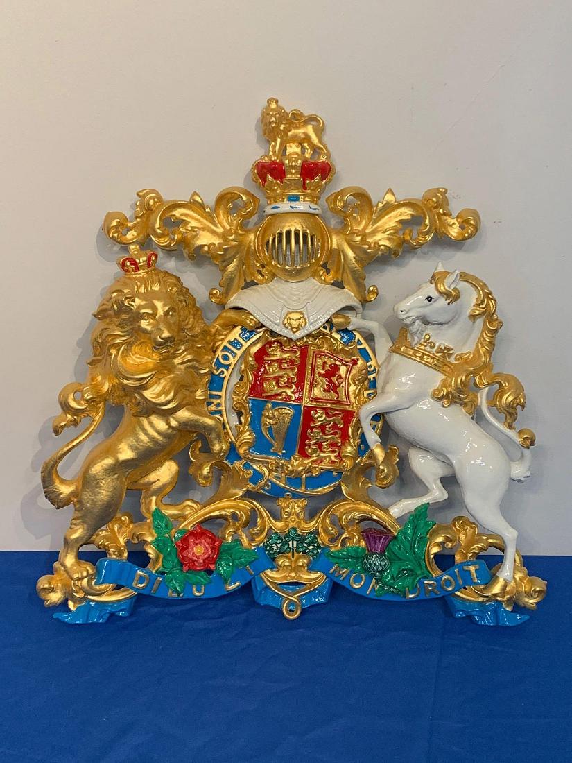 Cast Iron Queen Victoria Coat of Arms: A painted cast iron coat of arms for Queen Victoria (1819-1901). 22in tall x 22in wide.
