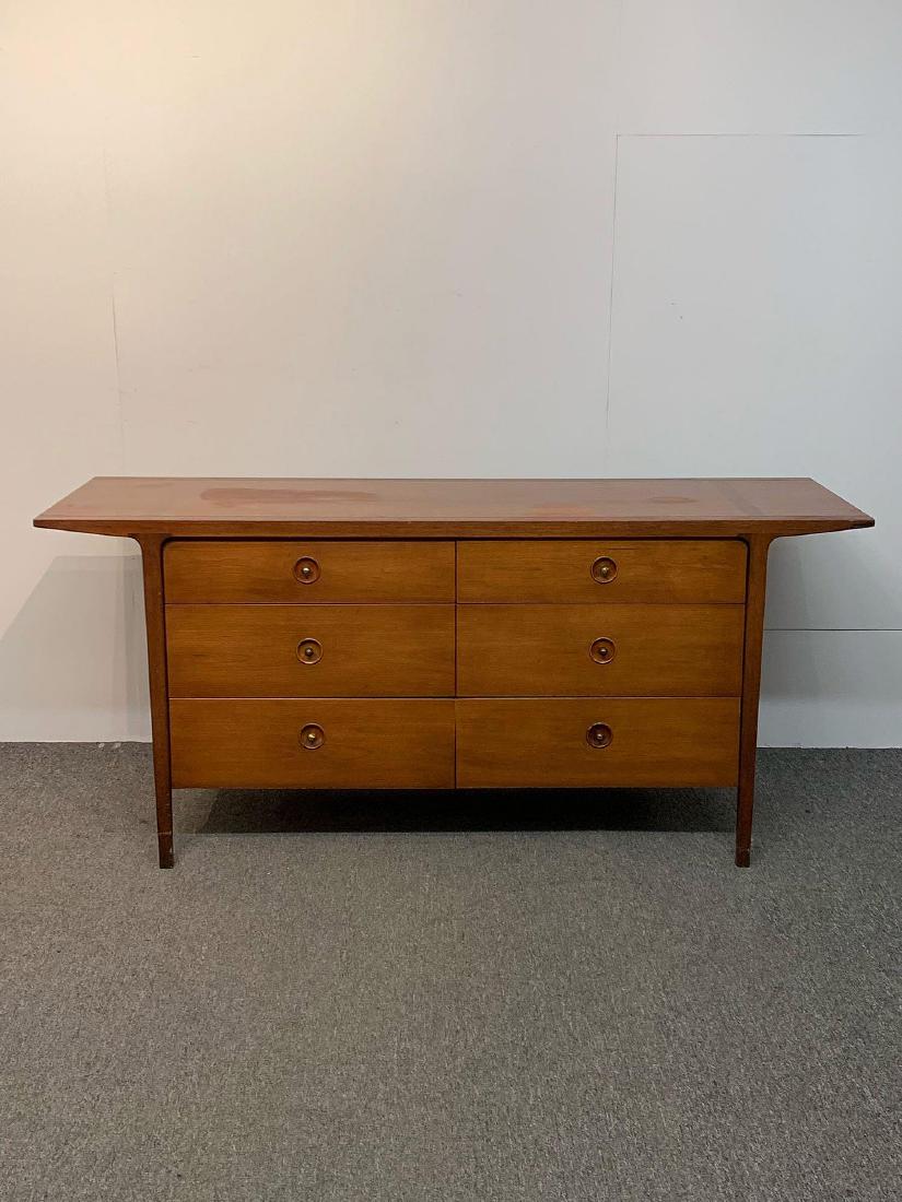 Drexel Counterpoint Dresser with Mirror and Bed: John Van Koert "Counterpoint" dresser with overhanging top. Together with a matching mirror and full side bed with rails. Dresser: 30in tall x 67in wide x 20in deep.