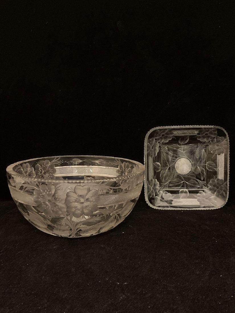 Two Pieces of Tuthill Cut Glass: Two pieces of Tuthill intaglio cut glass to include a bowl and dish. Signed. Bowl: 4in tall x 9in diameter.