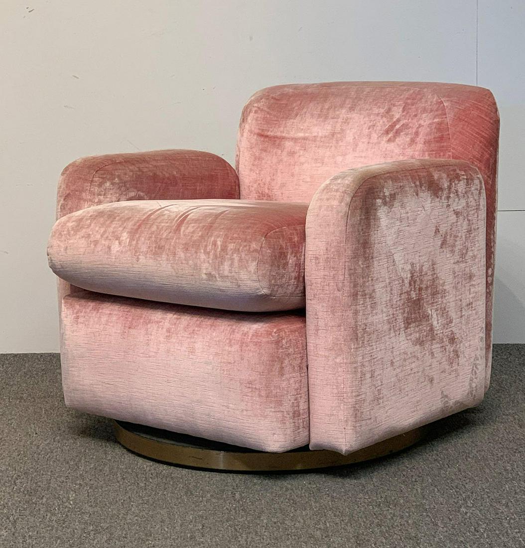 Art Deco-style Swivel Club Chair: An Art Deco-style swivel club chair with velvet upholstery and gold wrapped base. Not marked. 24 in tall x 27-1/2 in wide x 26 in deep.