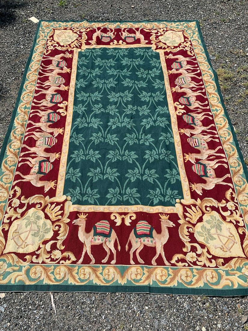 French Aubusson-style Carpet, 8ft 10in x 5ft 6in: A French Aubusson-style embroidered tapestry carpet with camel border, 8ft 10in x 5ft 6in.